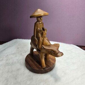 Vintage Wooden Carved Man Riding An Ox